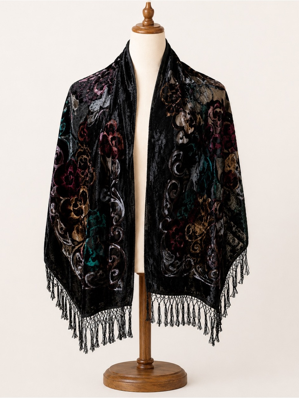 Vintage silk velvet crushed  fringe bohemian printed scarf